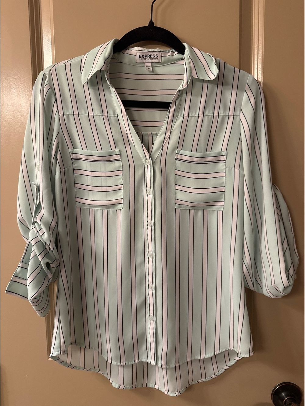 Express The Portofino Shirt Light Green and White Striped Button-Up Blouse, Size